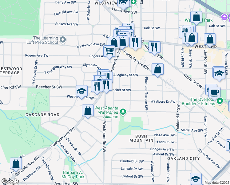 map of restaurants, bars, coffee shops, grocery stores, and more near 1478 Beecher Street Southwest in Atlanta
