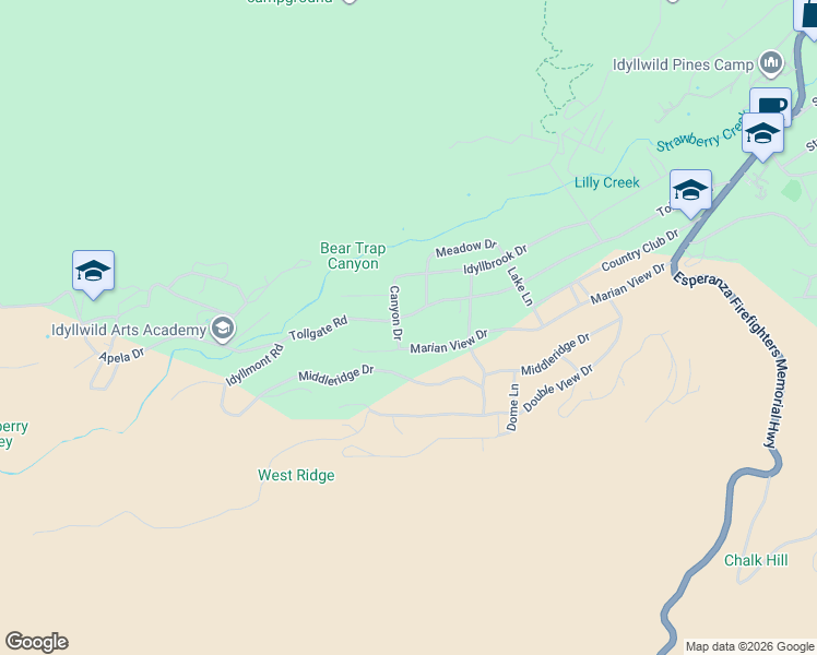 map of restaurants, bars, coffee shops, grocery stores, and more near 53155 Tollgate Road in Idyllwild-Pine Cove