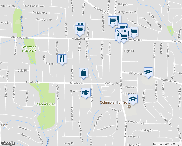 map of restaurants, bars, coffee shops, grocery stores, and more near 1964 Shamrock Drive in Decatur