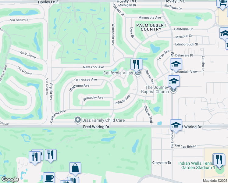 map of restaurants, bars, coffee shops, grocery stores, and more near 43425 Tennessee Avenue in Palm Desert