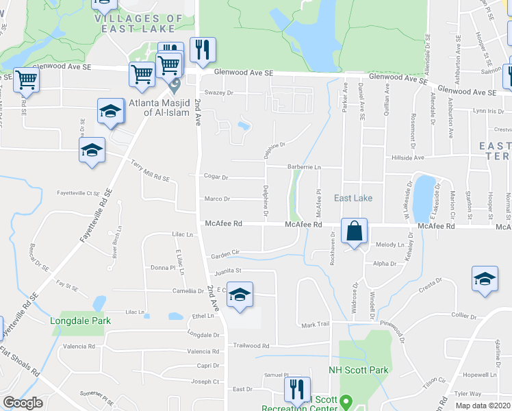 map of restaurants, bars, coffee shops, grocery stores, and more near 2055 Marco Drive in Decatur