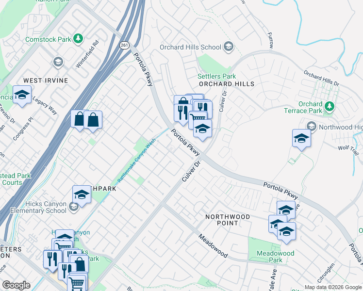 map of restaurants, bars, coffee shops, grocery stores, and more near 21 Upland in Irvine
