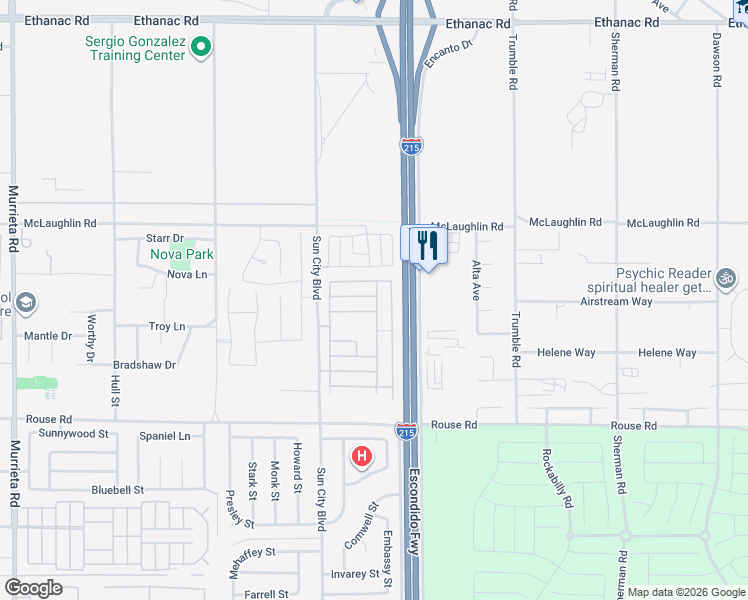 map of restaurants, bars, coffee shops, grocery stores, and more near 27917 Blaze Lane in Menifee