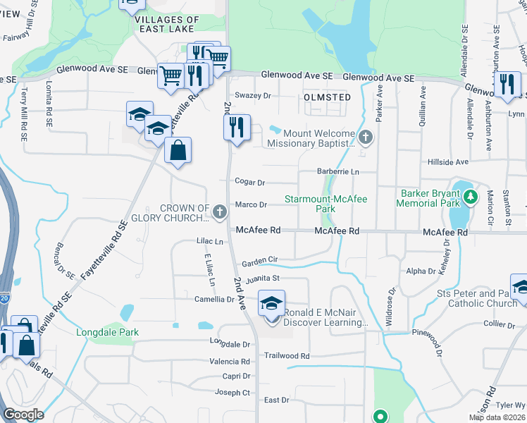 map of restaurants, bars, coffee shops, grocery stores, and more near 2018 Marco Drive in Decatur