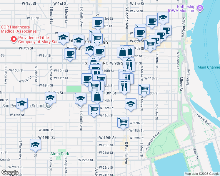 map of restaurants, bars, coffee shops, grocery stores, and more near 598 West 12th Street in Los Angeles