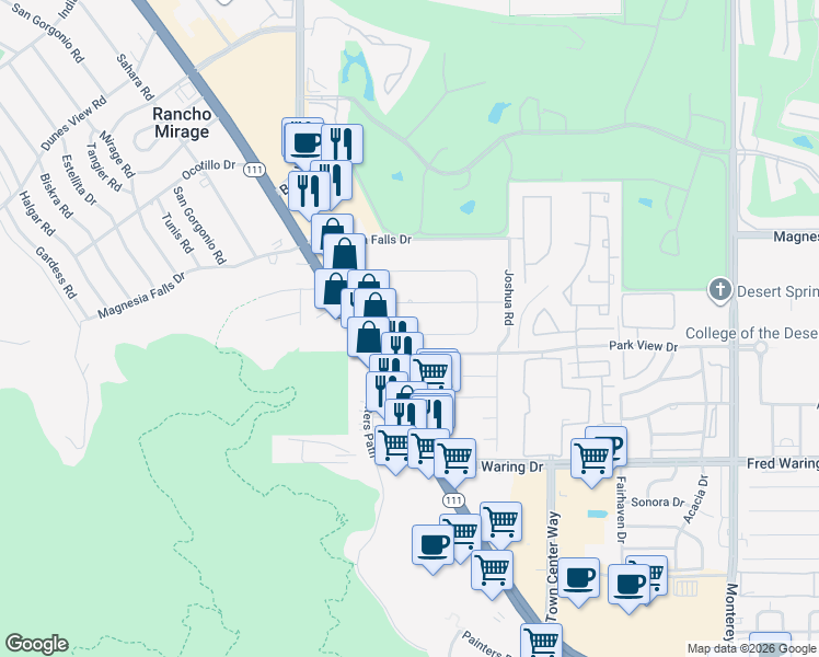 map of restaurants, bars, coffee shops, grocery stores, and more near 72211 Rancho Road in Rancho Mirage