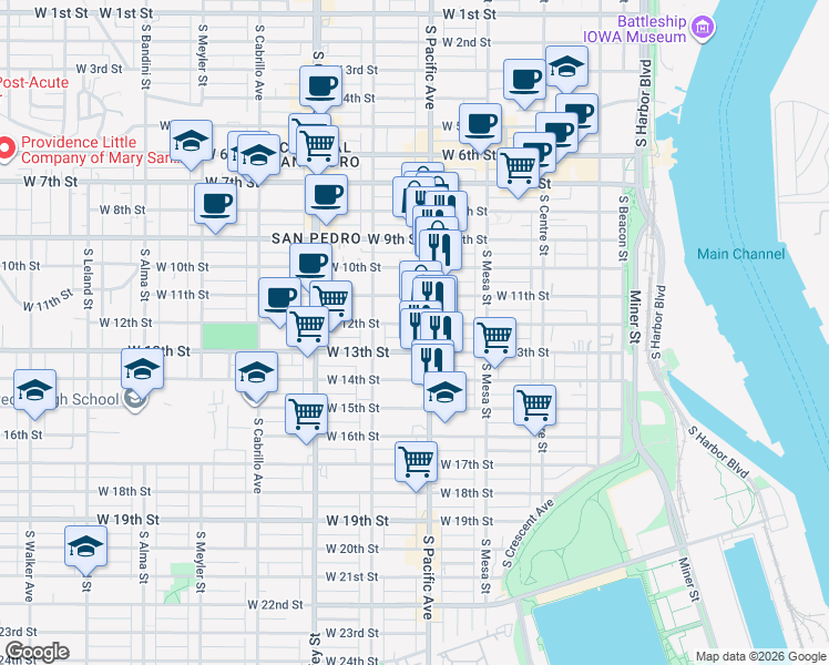 map of restaurants, bars, coffee shops, grocery stores, and more near 523 West 12th Street in Los Angeles