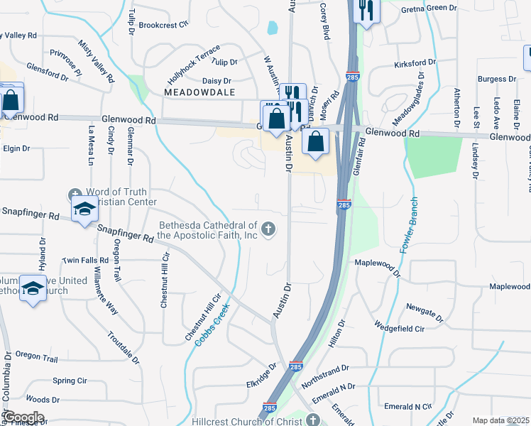 map of restaurants, bars, coffee shops, grocery stores, and more near 3841 Austin Park Lane in Decatur