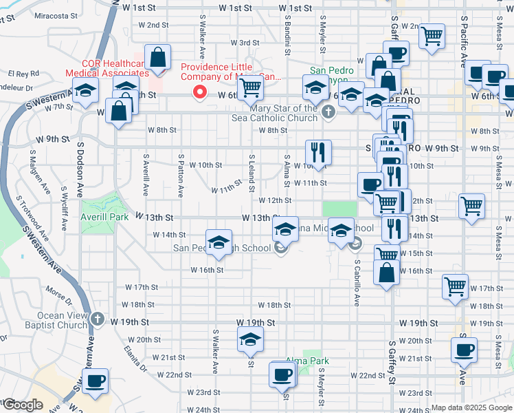 map of restaurants, bars, coffee shops, grocery stores, and more near 1210 South Leland Street in Los Angeles