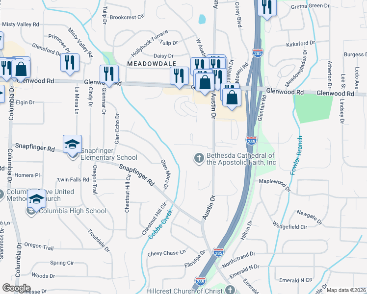 map of restaurants, bars, coffee shops, grocery stores, and more near 3810 Austin Park Lane in Decatur