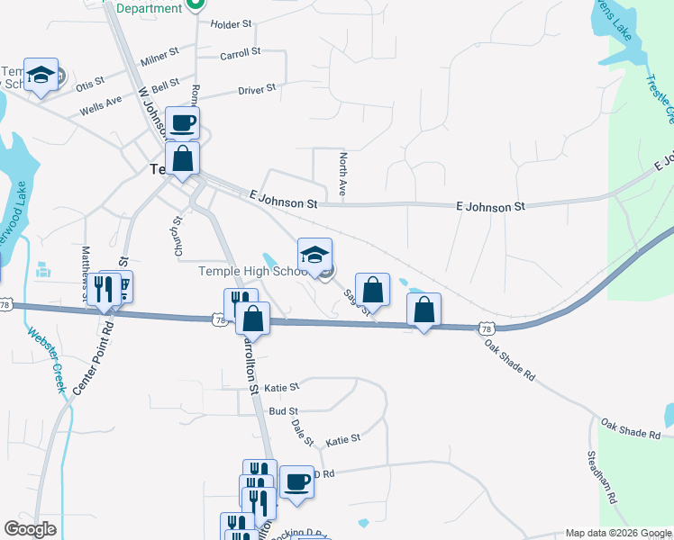map of restaurants, bars, coffee shops, grocery stores, and more near 560 Sage Street in Temple