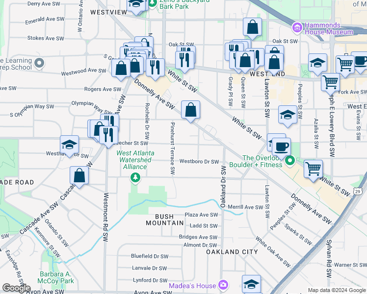map of restaurants, bars, coffee shops, grocery stores, and more near 1318 Beecher Street Southwest in Atlanta