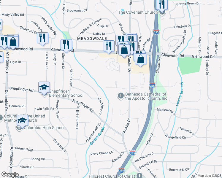 map of restaurants, bars, coffee shops, grocery stores, and more near 3810 Austin Park Lane in Decatur