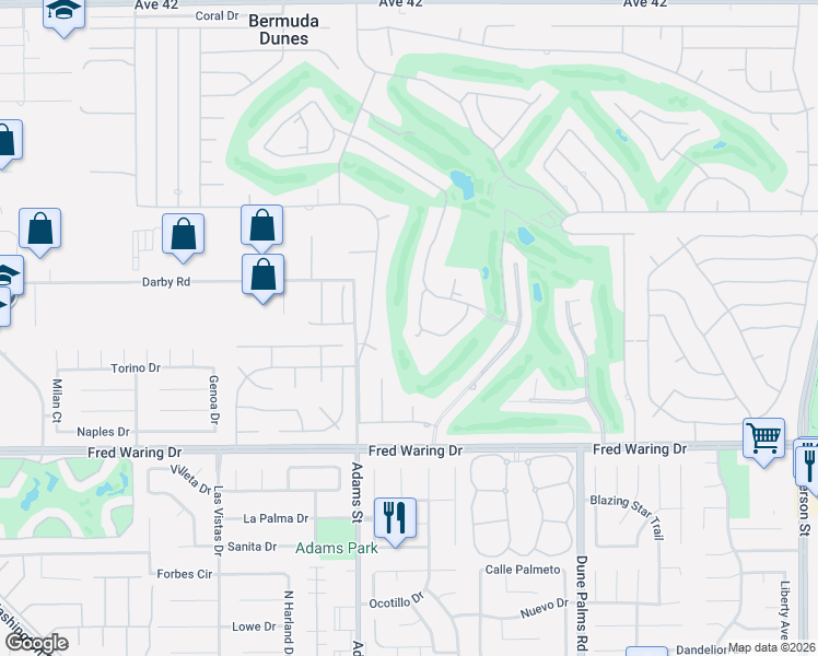 map of restaurants, bars, coffee shops, grocery stores, and more near 43265 Lacovia Drive in Bermuda Dunes