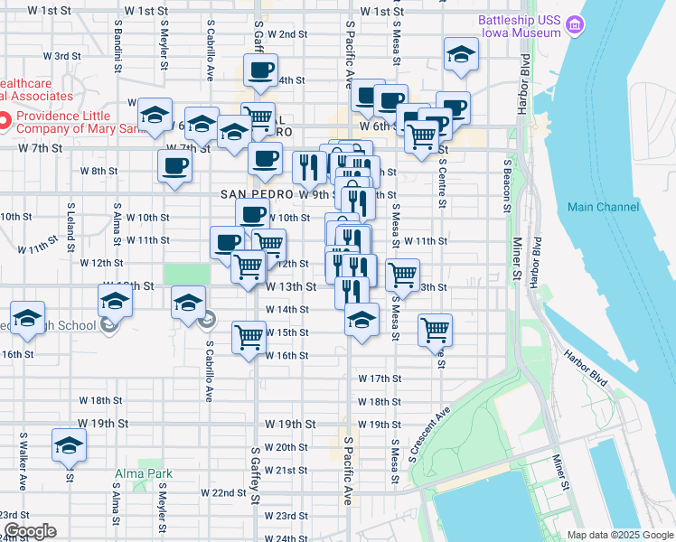 map of restaurants, bars, coffee shops, grocery stores, and more near 523 West 12th Street in Los Angeles