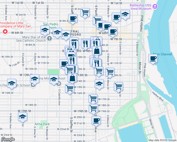 map of restaurants, bars, coffee shops, grocery stores, and more near 561 West 12th Street in Los Angeles