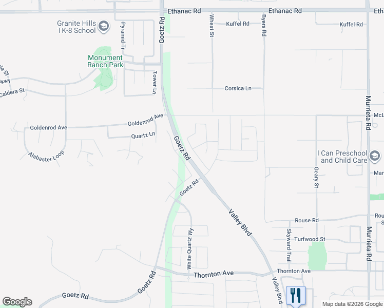 map of restaurants, bars, coffee shops, grocery stores, and more near 26615 Silver Ore Road in Menifee