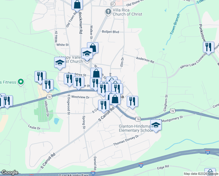 map of restaurants, bars, coffee shops, grocery stores, and more near 337 Temple Street in Villa Rica