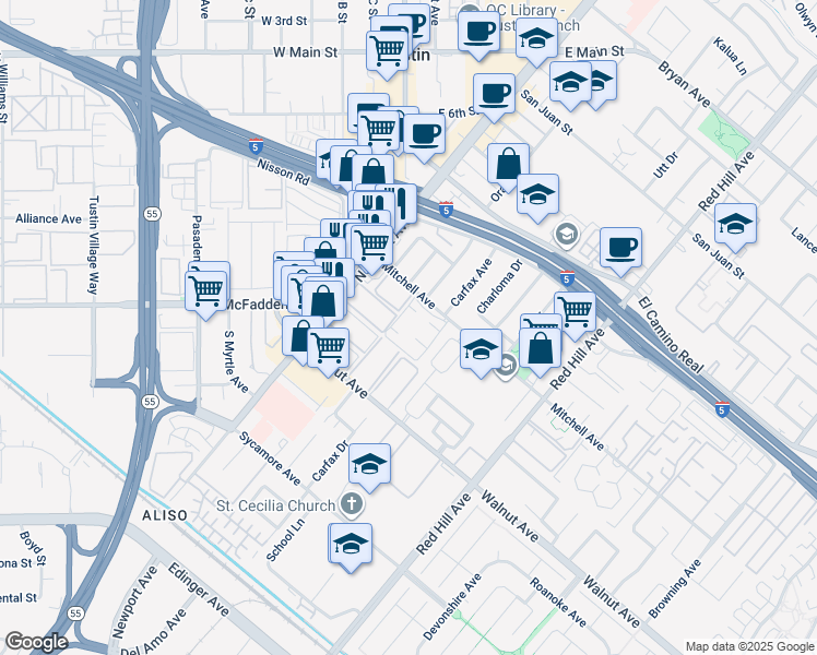 map of restaurants, bars, coffee shops, grocery stores, and more near 1192 Mitchell Avenue in Tustin