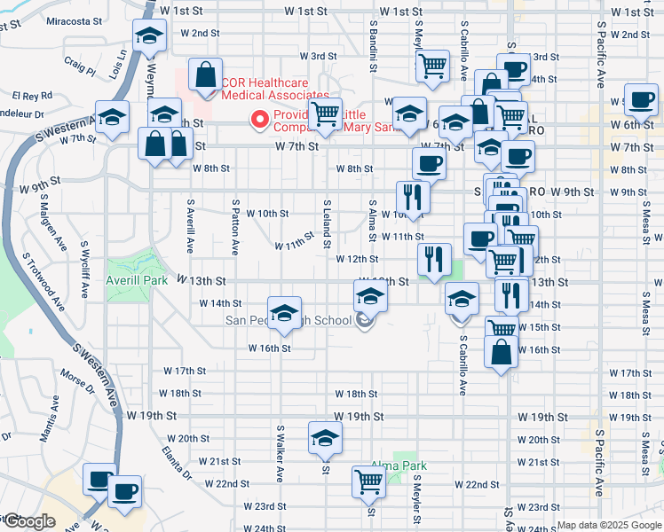 map of restaurants, bars, coffee shops, grocery stores, and more near 1210 South Leland Street in Los Angeles
