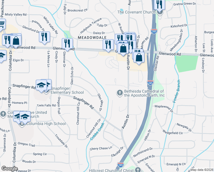 map of restaurants, bars, coffee shops, grocery stores, and more near 3810 Austin Park Lane in Decatur