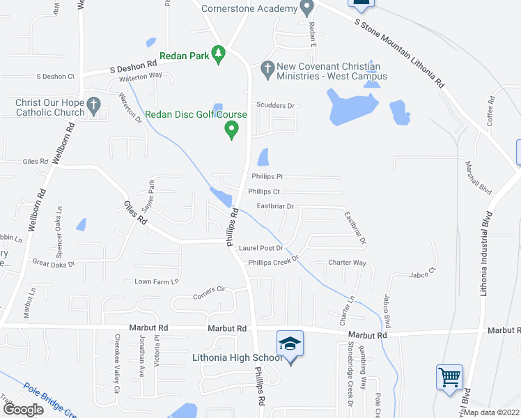 map of restaurants, bars, coffee shops, grocery stores, and more near 6670 Eastbriar Drive in Lithonia