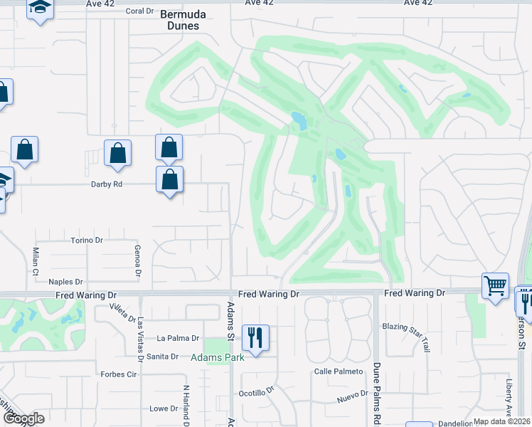 map of restaurants, bars, coffee shops, grocery stores, and more near 43265 Lacovia Drive in Bermuda Dunes