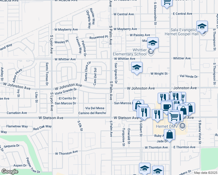 map of restaurants, bars, coffee shops, grocery stores, and more near 900 West Johnston Avenue in Hemet