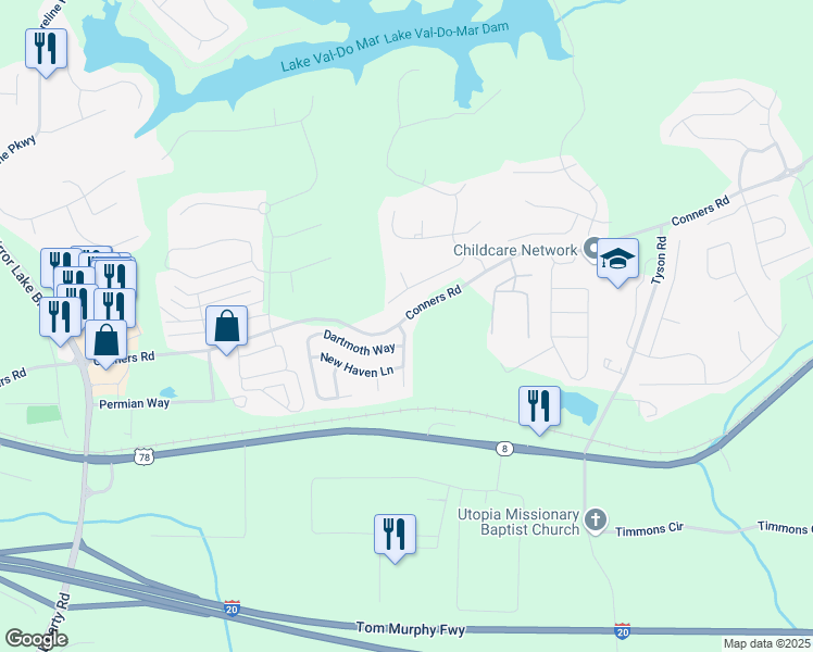 map of restaurants, bars, coffee shops, grocery stores, and more near 1100 Carrington Parkway in Villa Rica