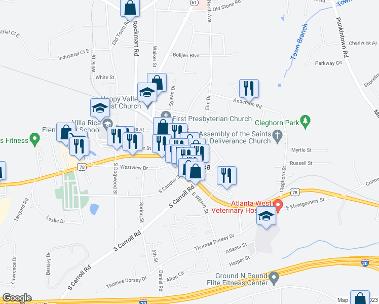 map of restaurants, bars, coffee shops, grocery stores, and more near 318 West Church Street in Villa Rica