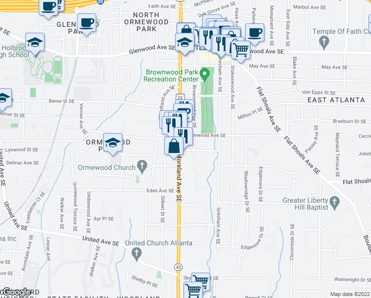 map of restaurants, bars, coffee shops, grocery stores, and more near 1190 Gracewood Avenue Southeast in Atlanta
