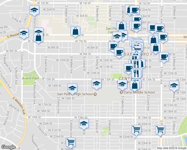 map of restaurants, bars, coffee shops, grocery stores, and more near 1025 West 12th Street in Los Angeles