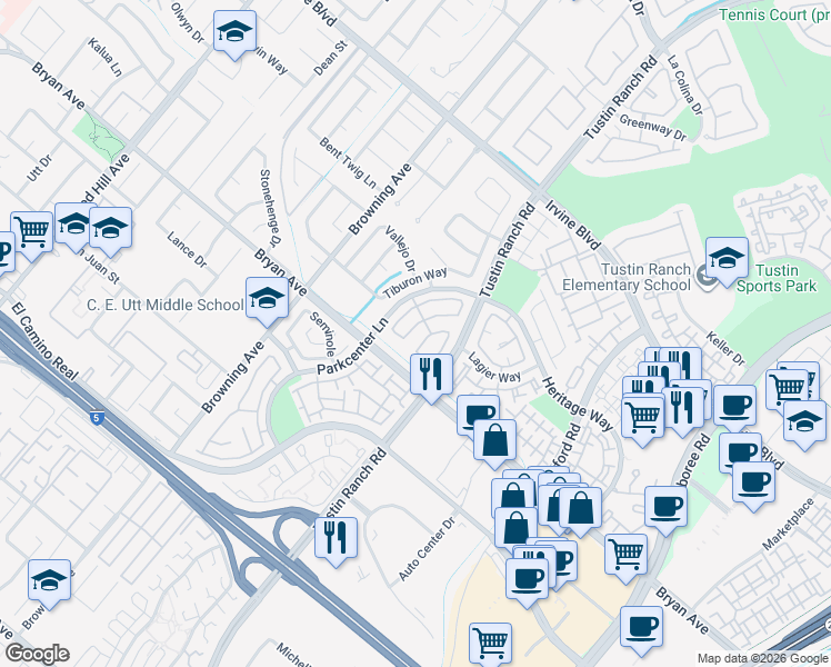 map of restaurants, bars, coffee shops, grocery stores, and more near 13422 Montecito in Tustin