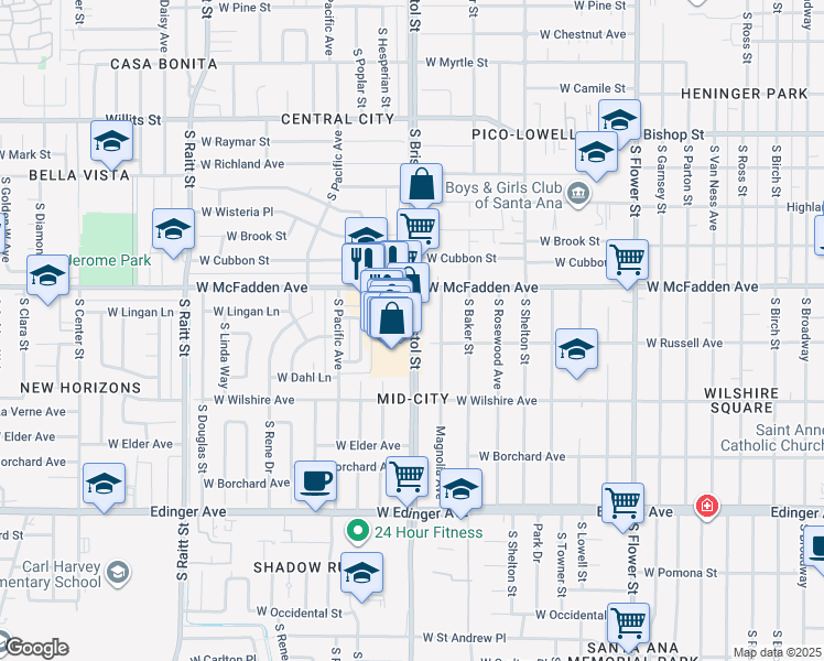 map of restaurants, bars, coffee shops, grocery stores, and more near 3050 South Bristol Street in Santa Ana