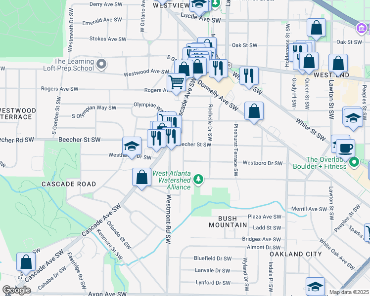 map of restaurants, bars, coffee shops, grocery stores, and more near 1493 Beecher Street Southwest in Atlanta