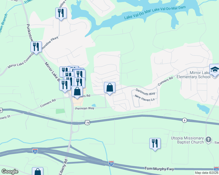 map of restaurants, bars, coffee shops, grocery stores, and more near Nautical Way in Villa Rica