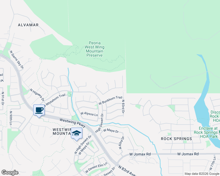 map of restaurants, bars, coffee shops, grocery stores, and more near 27539 North 83rd Glen in Peoria