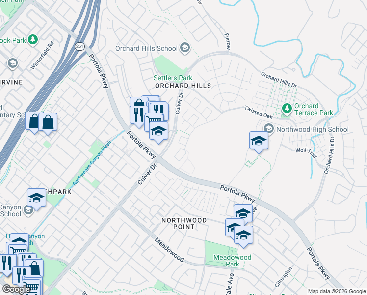 map of restaurants, bars, coffee shops, grocery stores, and more near 51 Winter Range in Irvine