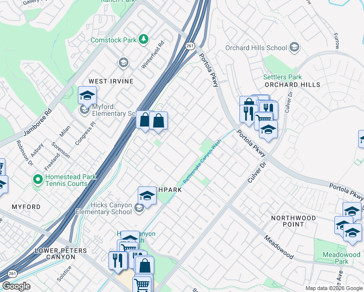 map of restaurants, bars, coffee shops, grocery stores, and more near 28 Modesto in Irvine