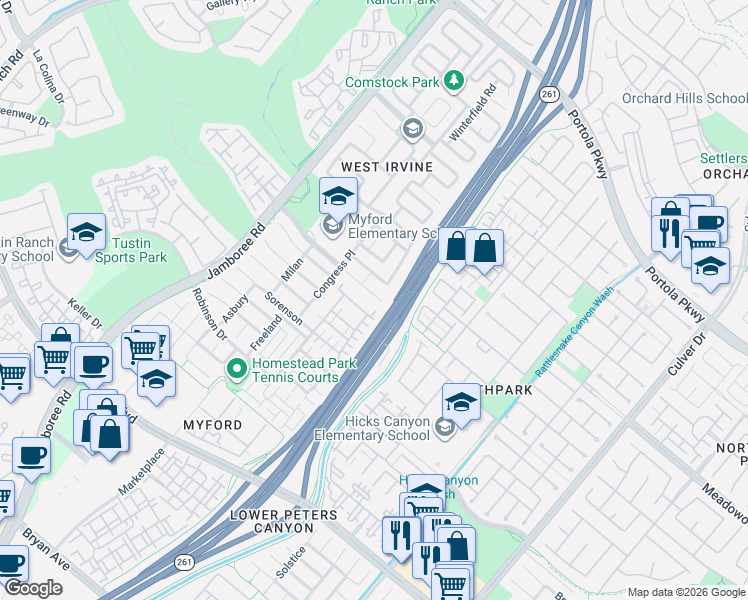 map of restaurants, bars, coffee shops, grocery stores, and more near 144 Church Place in Irvine