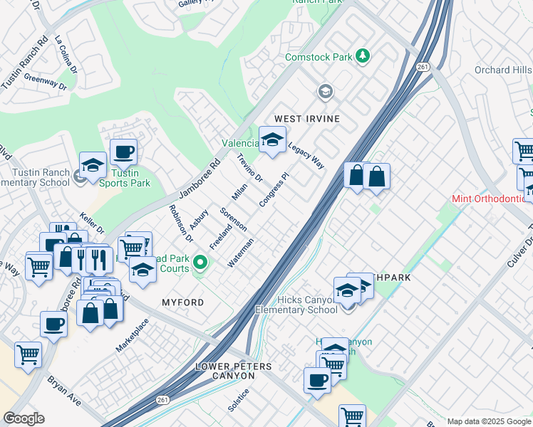 map of restaurants, bars, coffee shops, grocery stores, and more near 40 Parma in Irvine