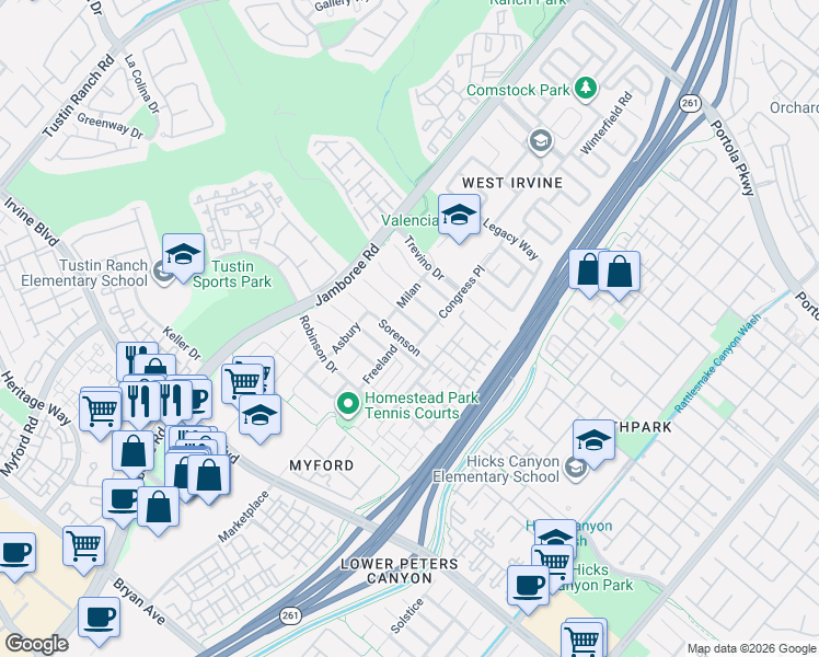 map of restaurants, bars, coffee shops, grocery stores, and more near 26 Valente in Irvine