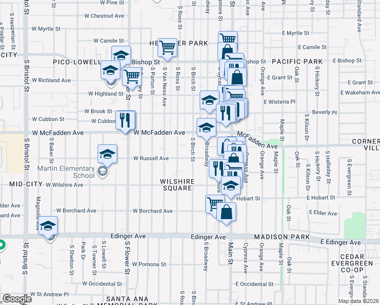 map of restaurants, bars, coffee shops, grocery stores, and more near 414 Glendale Court in Santa Ana