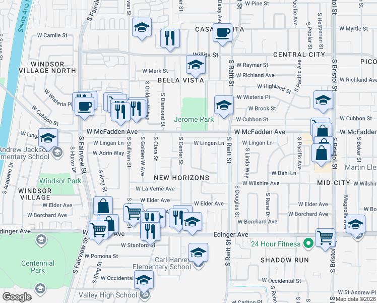 map of restaurants, bars, coffee shops, grocery stores, and more near 1101 South Shelley Street in Santa Ana