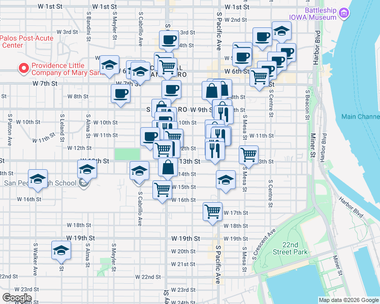 map of restaurants, bars, coffee shops, grocery stores, and more near 598 West 12th Street in Los Angeles