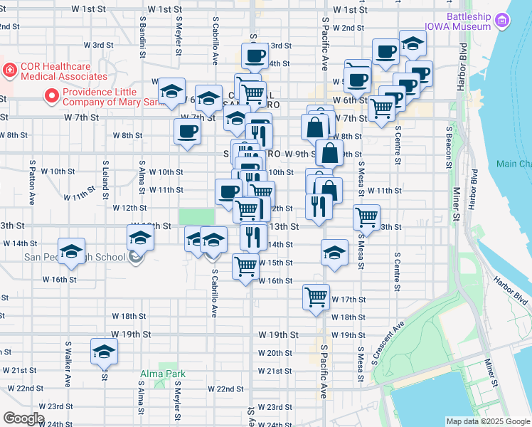 map of restaurants, bars, coffee shops, grocery stores, and more near 654 West 12th Street in Los Angeles