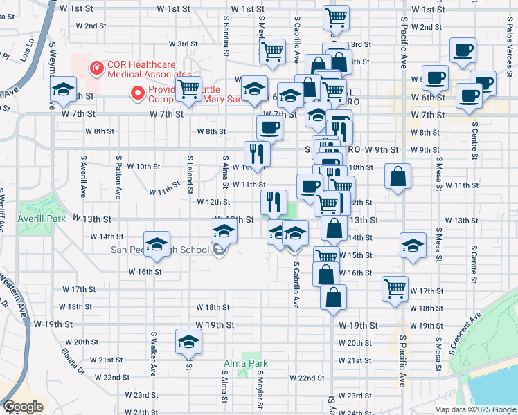 map of restaurants, bars, coffee shops, grocery stores, and more near 934 West 12th Street in Los Angeles