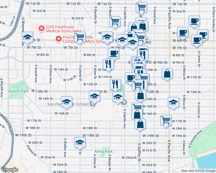 map of restaurants, bars, coffee shops, grocery stores, and more near 934 West 12th Street in Los Angeles