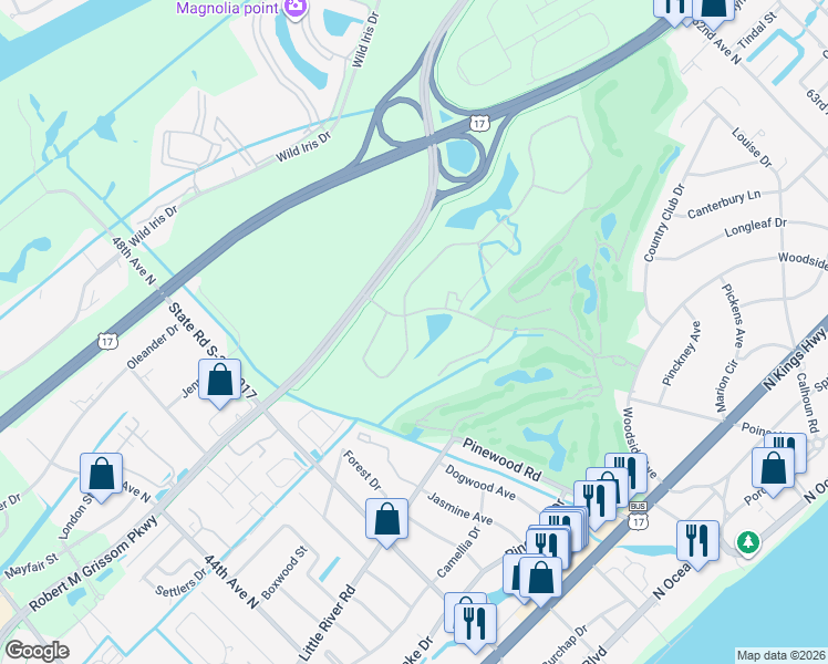 map of restaurants, bars, coffee shops, grocery stores, and more near Granddaddy Dr in Myrtle Beach