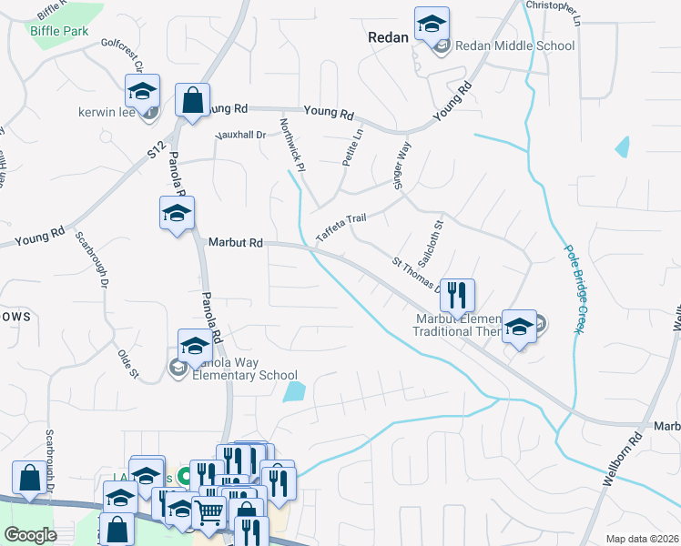 map of restaurants, bars, coffee shops, grocery stores, and more near 5571 Marbut Road in Lithonia